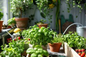 Un jardin luxuriant conçu pour éveiller les sens, rempli de plantes aromatiques comme la lavande, le romarin et la menthe, entourées de fleurs vibrantes aux couleurs éclatantes telles que des roses rouges, des tournesols jaunes et des iris violets. Des arbres fruitiers tels que les citronniers et les figuiers ajoutent des parfums sucrés à l’air. Un petit ruisseau serpentant au centre offre le son apaisant de l’eau qui coule, tandis qu’une allée en gravier crée un bruit subtil sous les pas. Une balançoire en bois ou un banc invite à s’asseoir pour toucher les textures variées des feuilles et des écorces. L’éclairage doux du soleil ou de petites lanternes en soirée accentue l’atmosphère sensorielle.